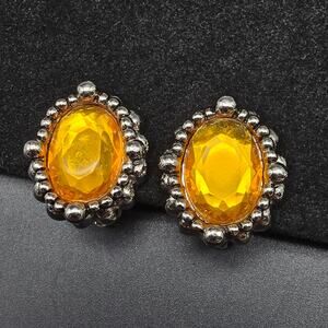Yellow Rhinestone Clip On Earrings Silver Tone Oval Vintage Costume Jewelry